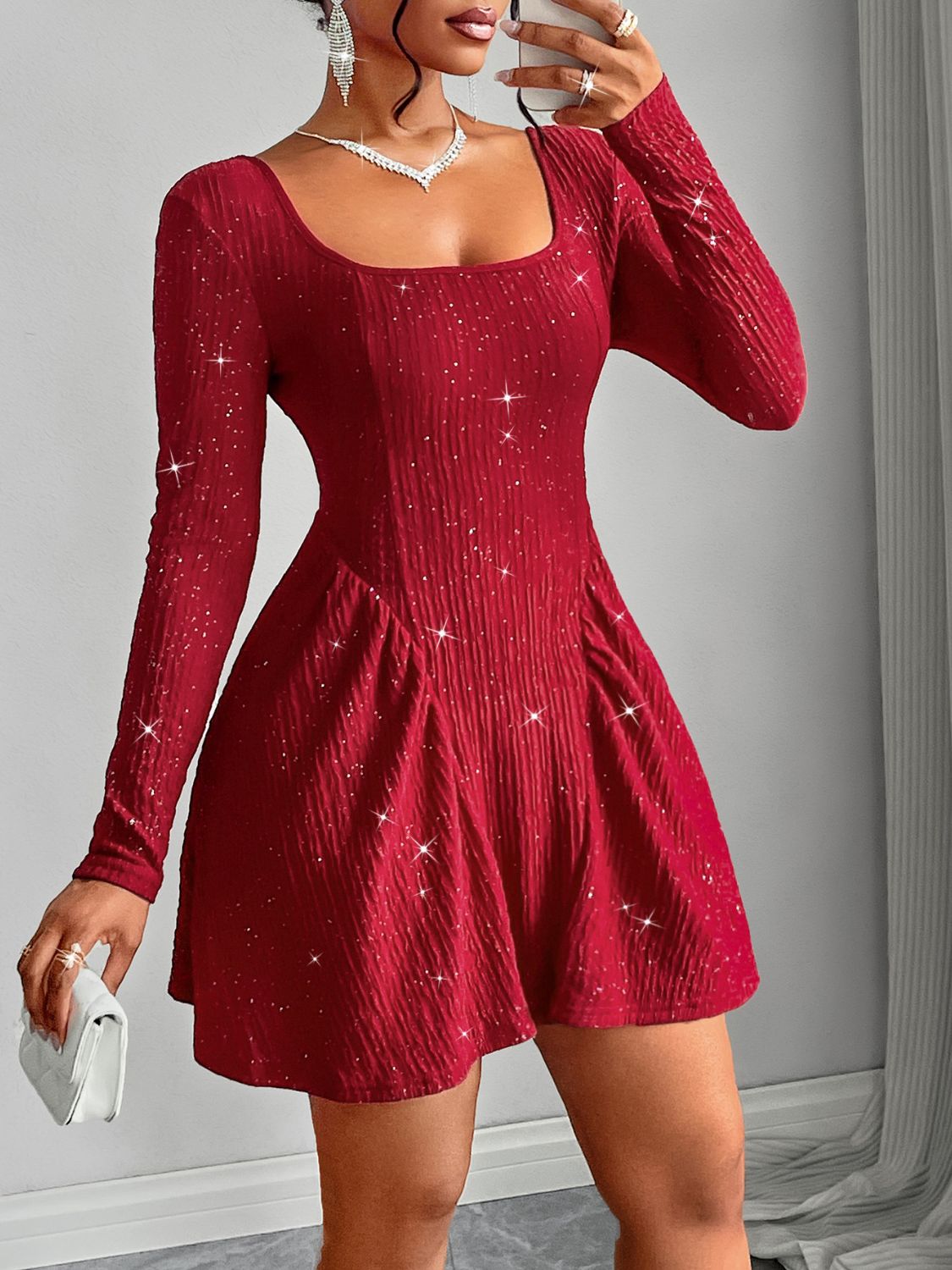 Backless Glitter Long Sleeve Mini Dress