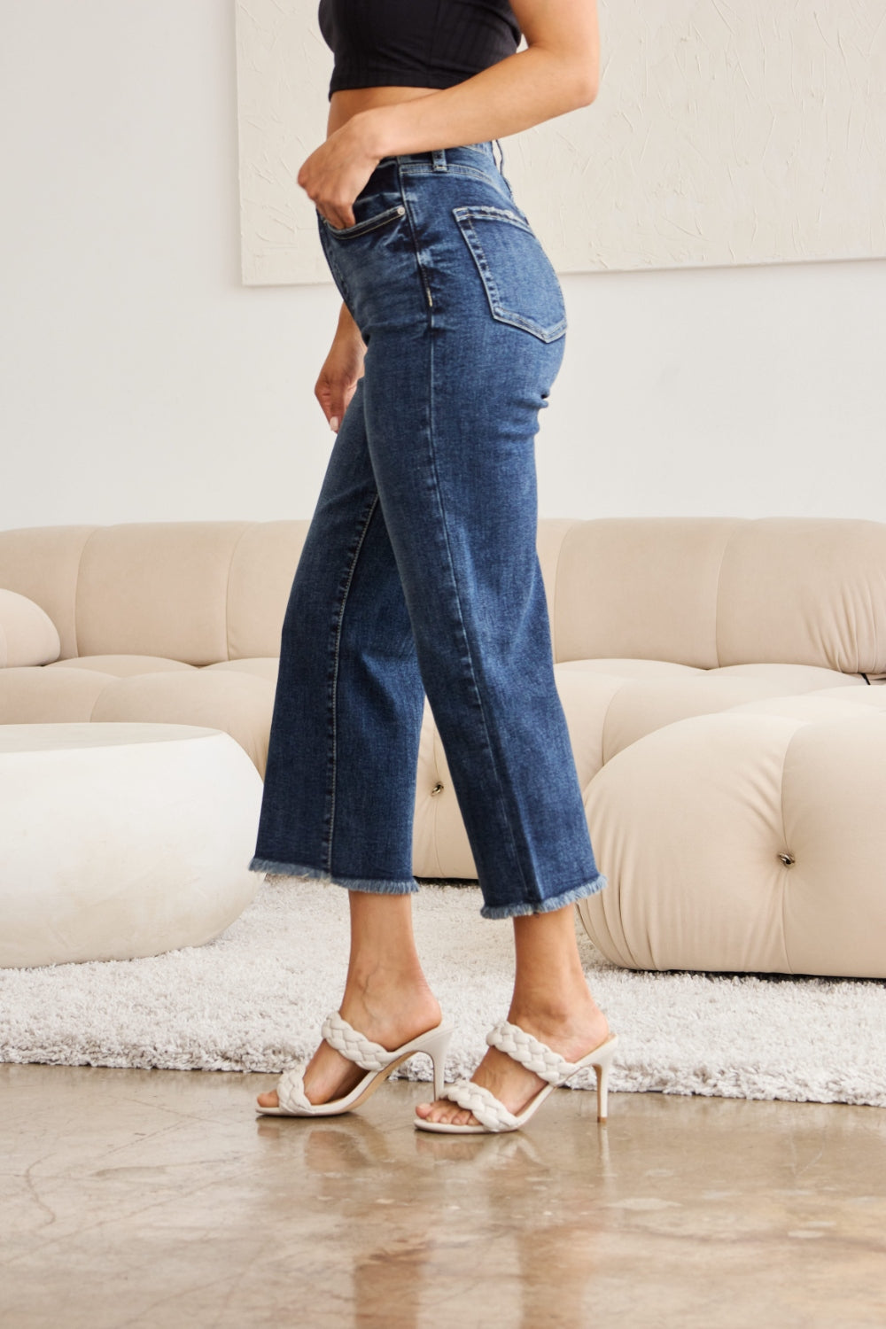 Pantalones vaqueros de cintura alta con dobladillo sin rematar y control de abdomen de talla grande RFM
