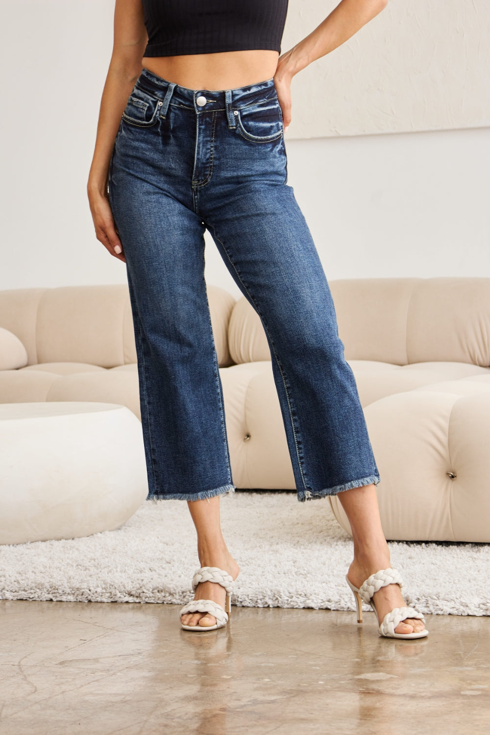 Pantalones vaqueros de cintura alta con dobladillo sin rematar y control de abdomen de talla grande RFM