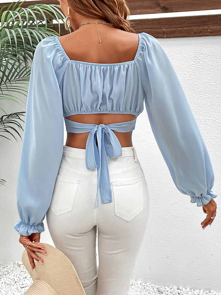 Blusa corta con mangas raglán color miel