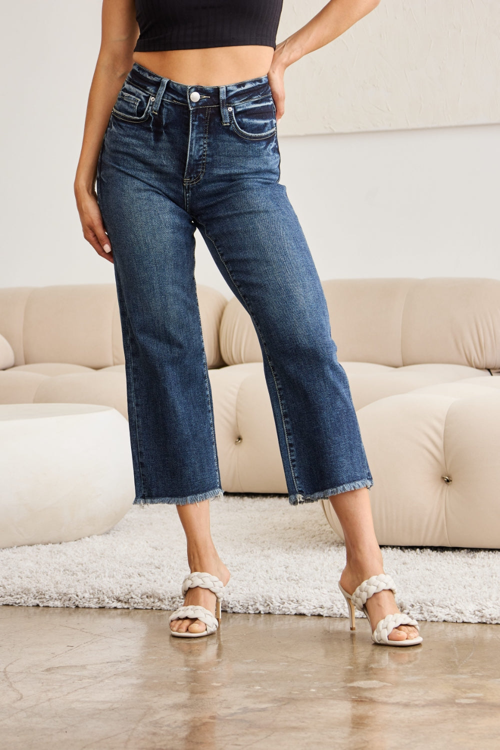 Pantalones vaqueros de cintura alta con dobladillo sin rematar y control de abdomen de talla grande RFM