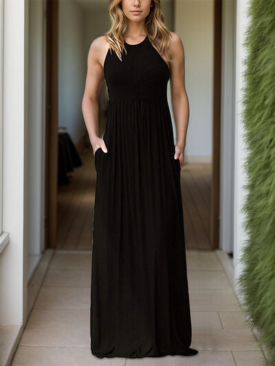 Image Pocketed Round Neck Sleeveless Dress