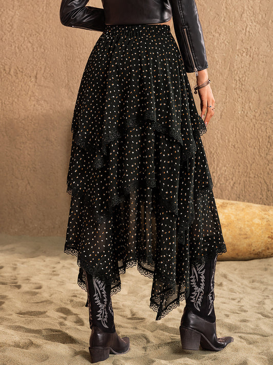 Falda midi con capas y detalle de encaje