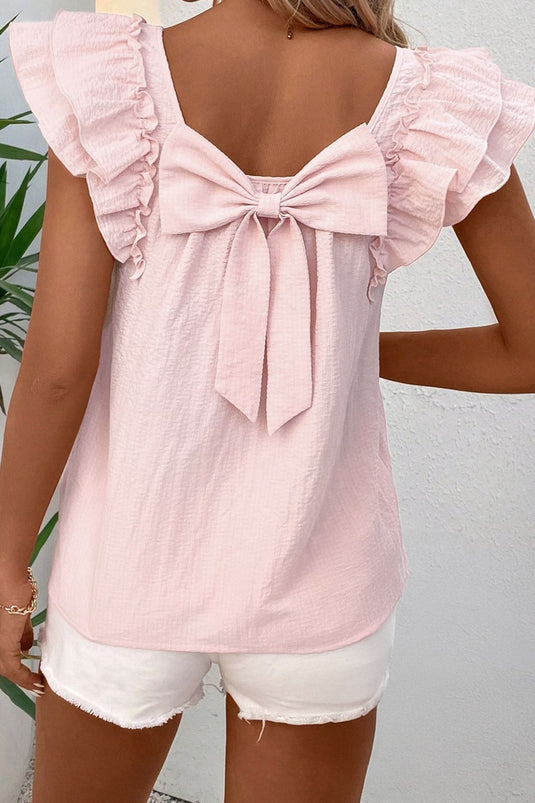 Image Textured Bow Knot Frilled Butterfly Sleeve Blouse